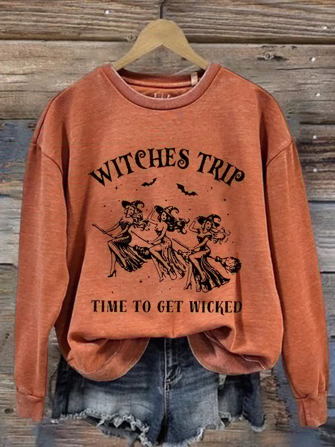 Women's Girls Trip Salem Witch Print Round Neck Sweatshirt