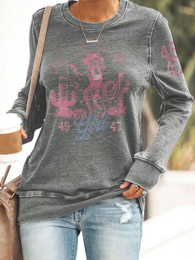 Retro 45 47 Flag Western Cowboy Girl Cactus Print Sweatshirt