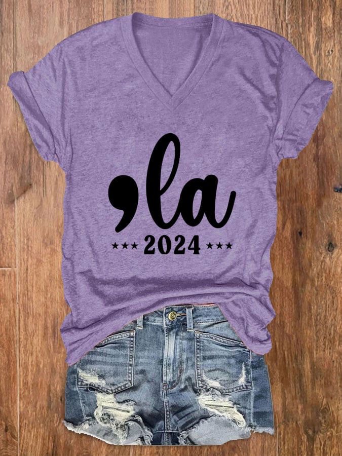 Women's Comma La Printed Casual V-Neck T-Shirt