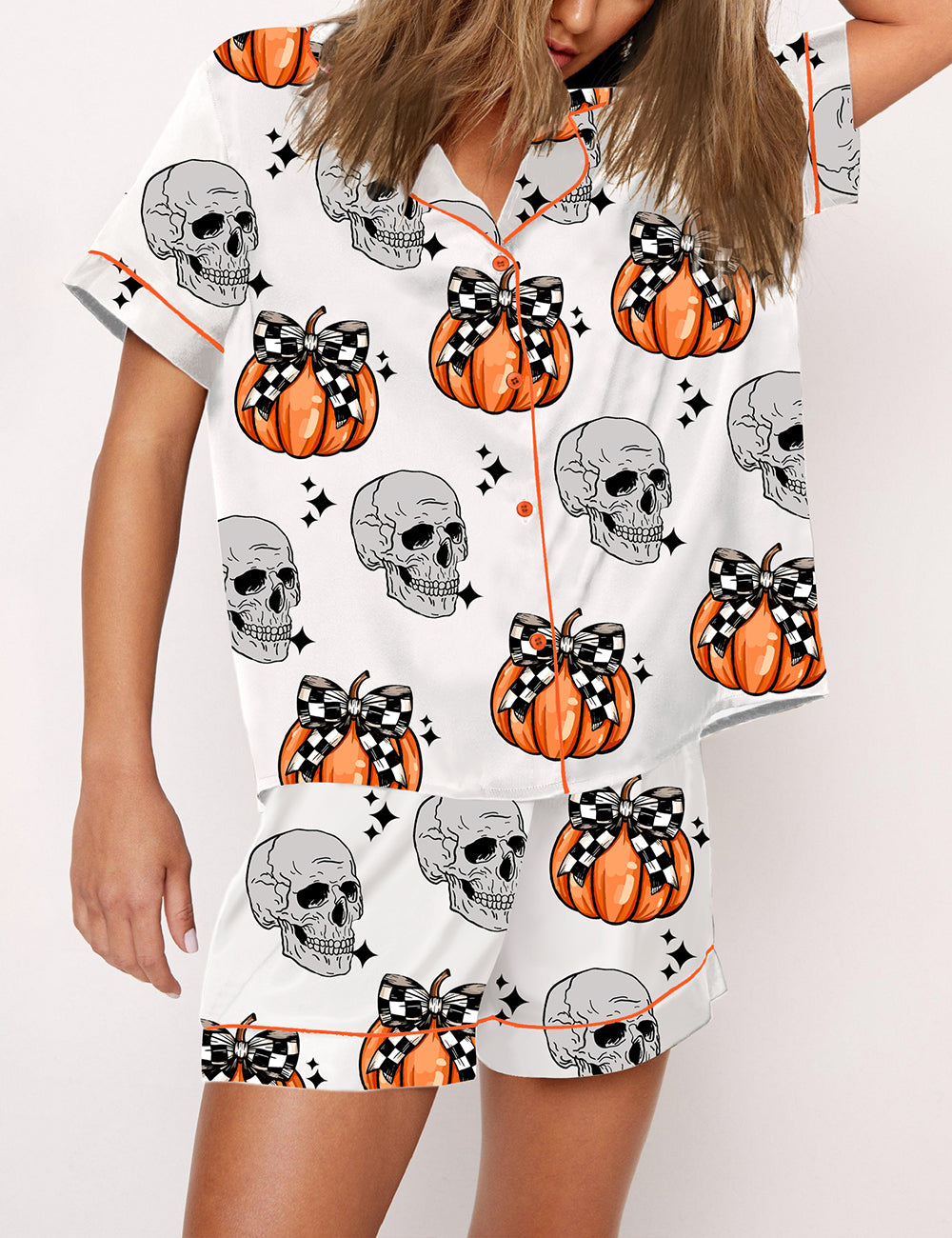 Women's Checkered Bow Pumpkin And Skelly Pajama Set