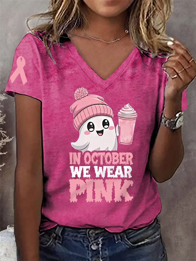 Women's In October We Wear Pink Halloween Ghost Breast Cancer Awareness Warrior V-Neck Tee