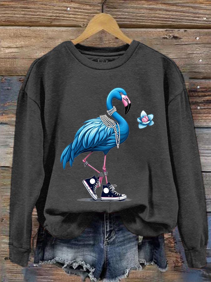 Women's Pearl Necklace Canvas Shoes Flamingo Print Round Neck Sweatshirt