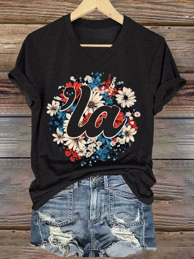 Women's Floral LA Cat Print Casual T-Shirt