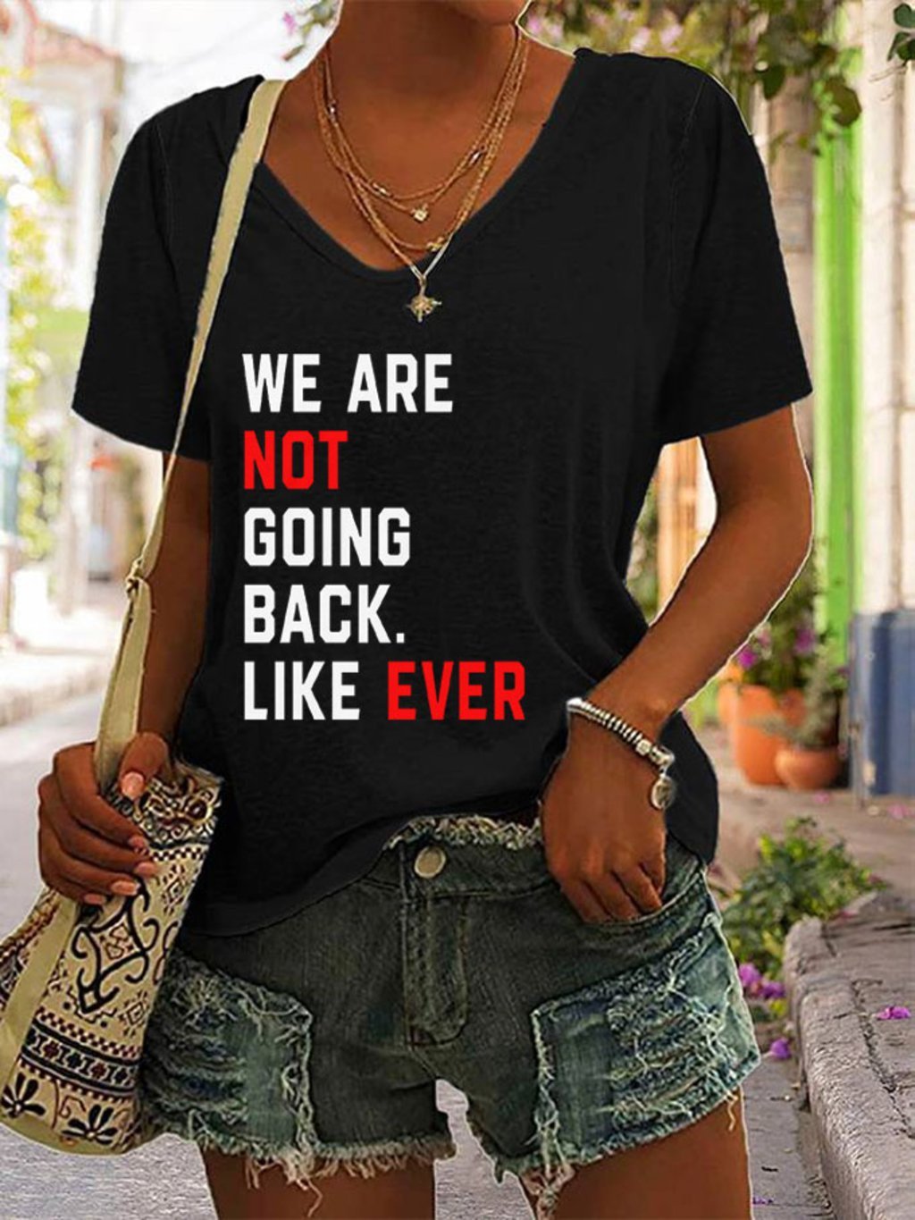 Women's We Are Not Going Back Like Ever Comma La Print V-Neck T-Shirt
