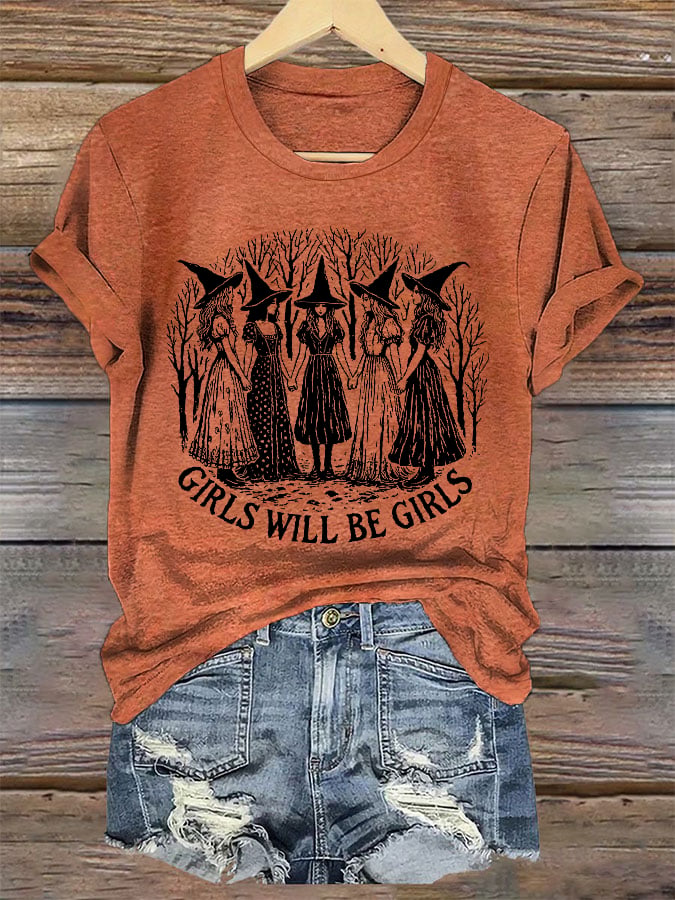 Women's Girls Will Be Girls Witch Feminism Print T-shirt