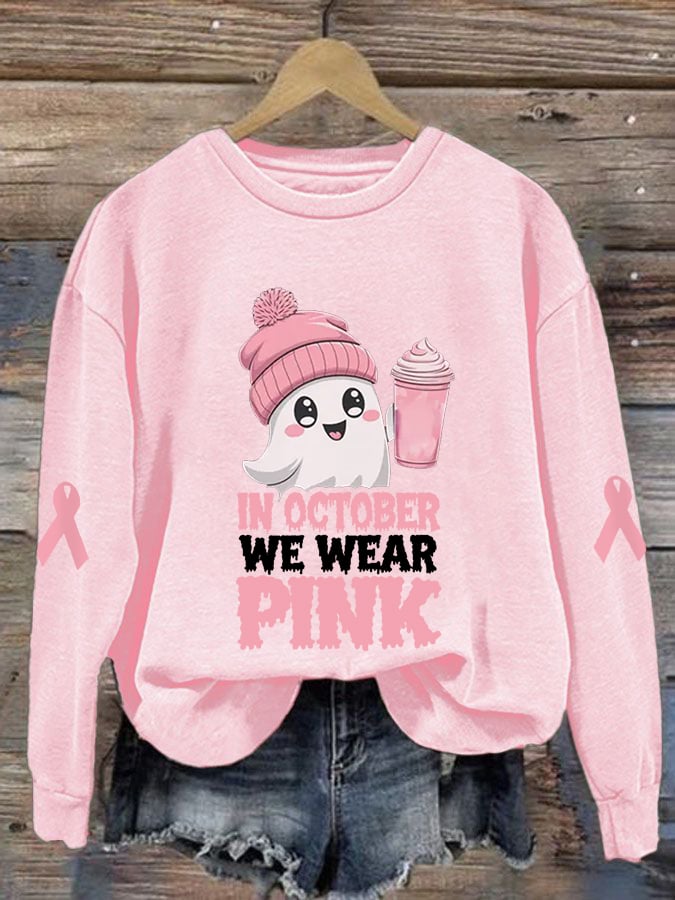 Women's In October We Wear Pink Halloween Ghost Breast Cancer Awareness Warrior Sweatshirt