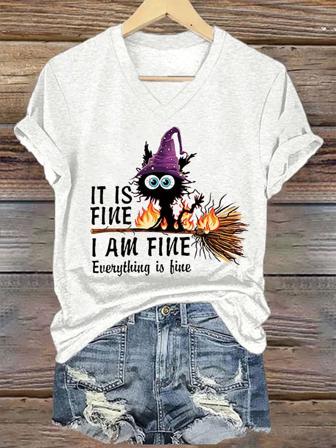 Women's Funny Halloween It's Fine I'm Fine It's Not My Blood Black Cat Print T-Shirt