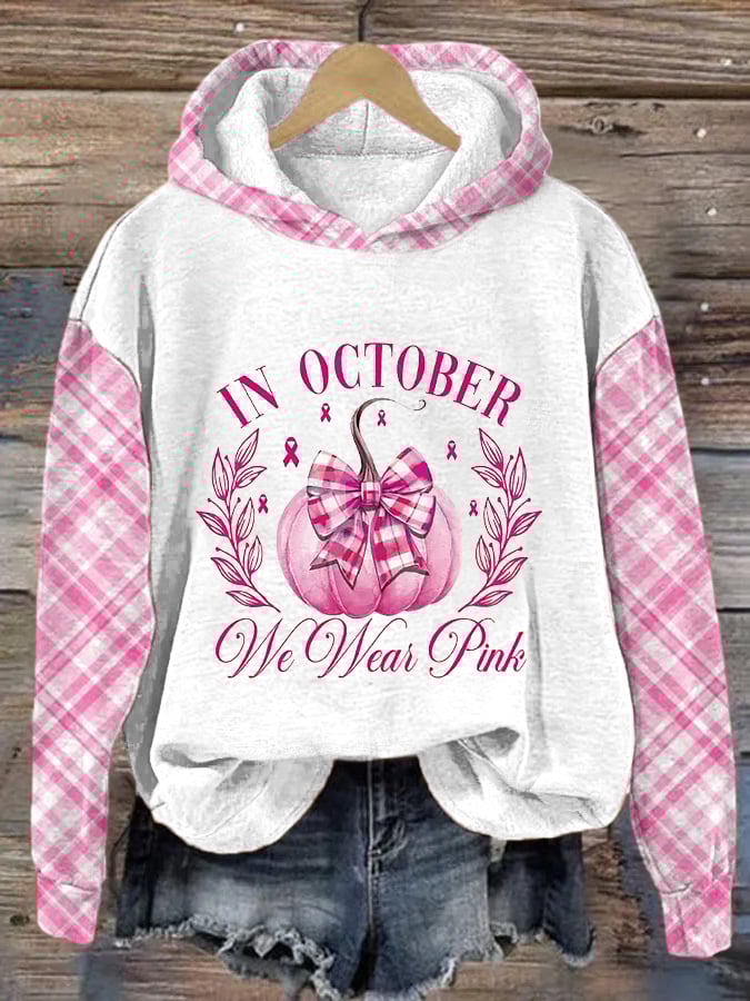 Women's Breast Cancer Awareness In October We Wear PinkPumpkin Pink Ribbon Pink Plaid Print Casual Hoodie