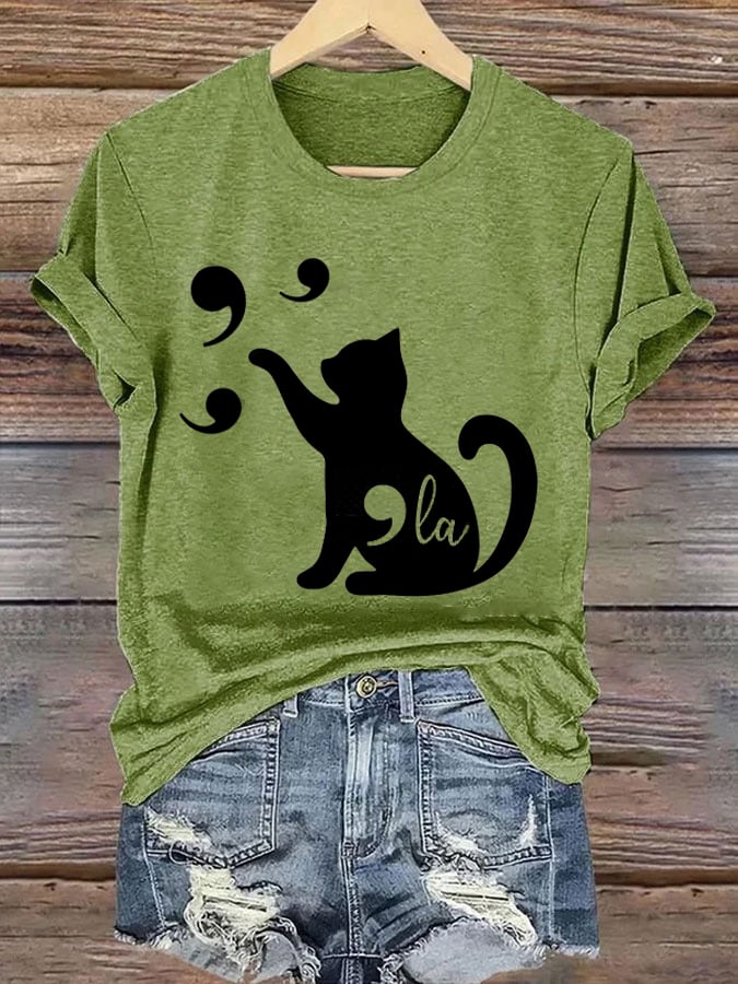 Women's Cat Comma La Print Crew Neck T-Shirt