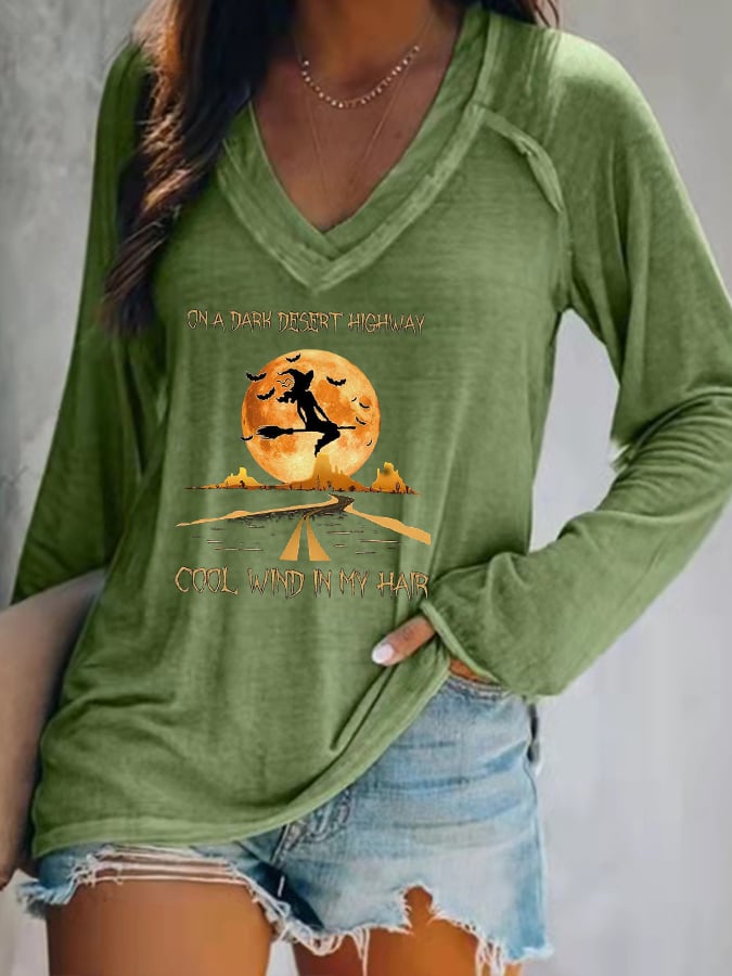 Women's Halloween On A Dark Desert Highway Cold Wind In My Hair Printed V-neck T-shirt