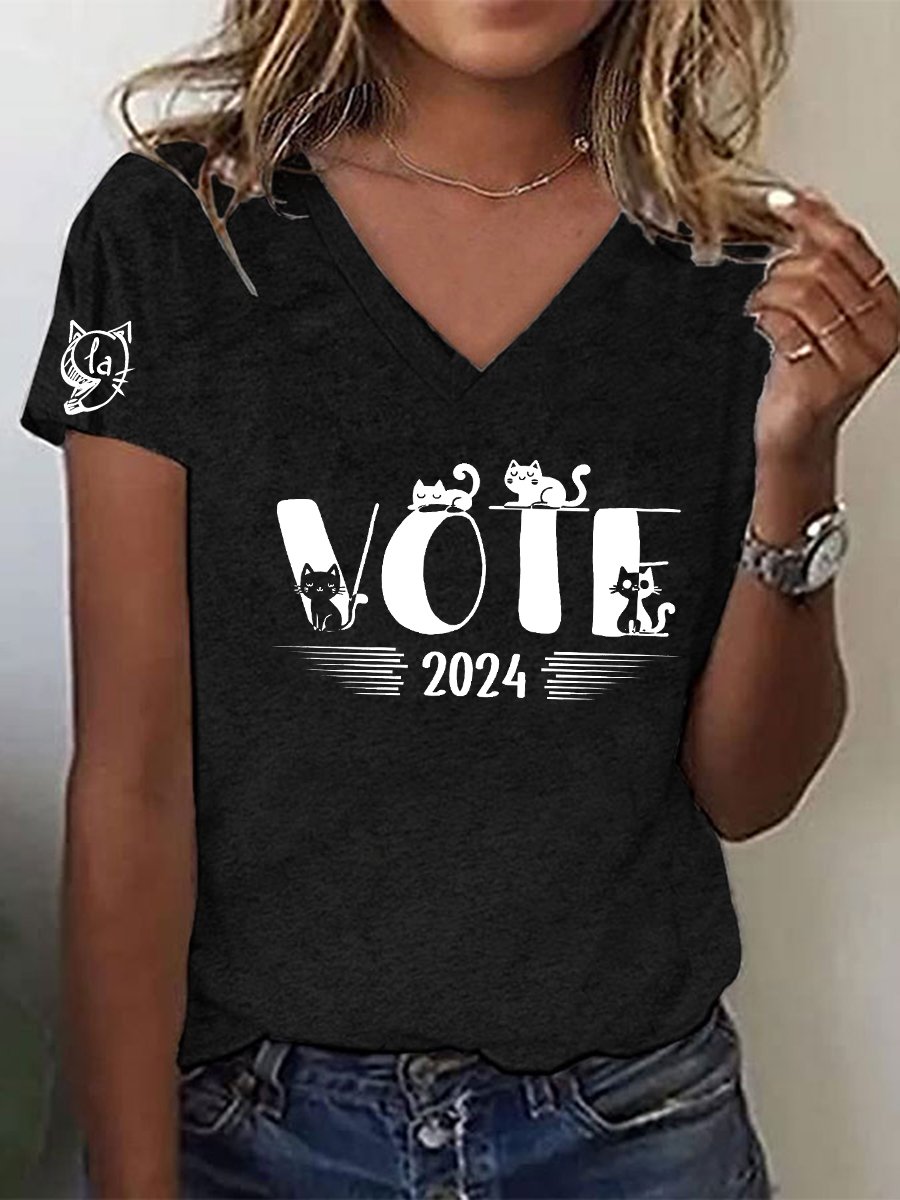 Women's Childless Cat Ladies Printed Casual V Neck T-Shirt