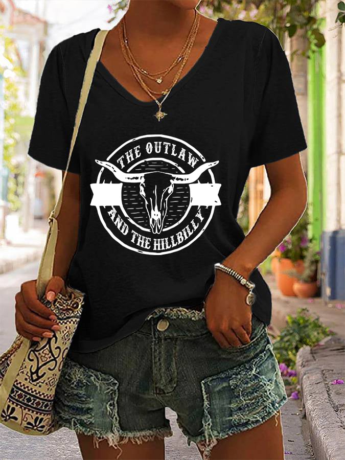 Women's The Outlaw and The Hillbilly Bull Skull Print V-Neck T-Shirt