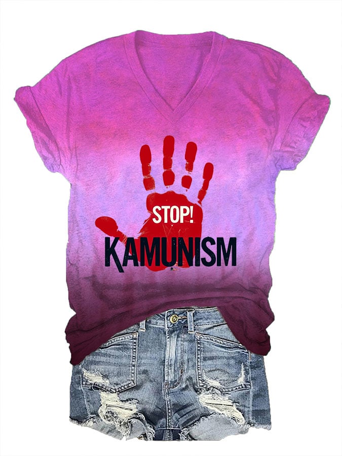 Women's Stop Kamunism Printed V-Neck T-Shirt