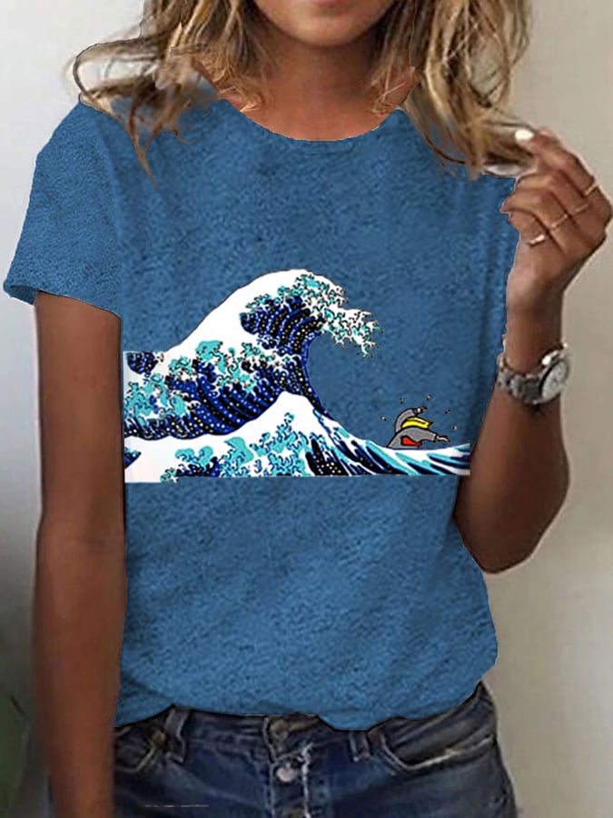 Women's Blue Waves Print T-Shirt