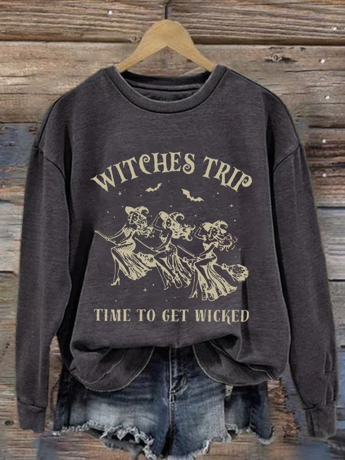 Women's Girls Trip Salem Witch Print Round Neck Sweatshirt
