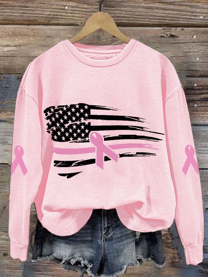 Women's Pink Ribbon Breast Cancer Awareness American Flag Sweatshirt