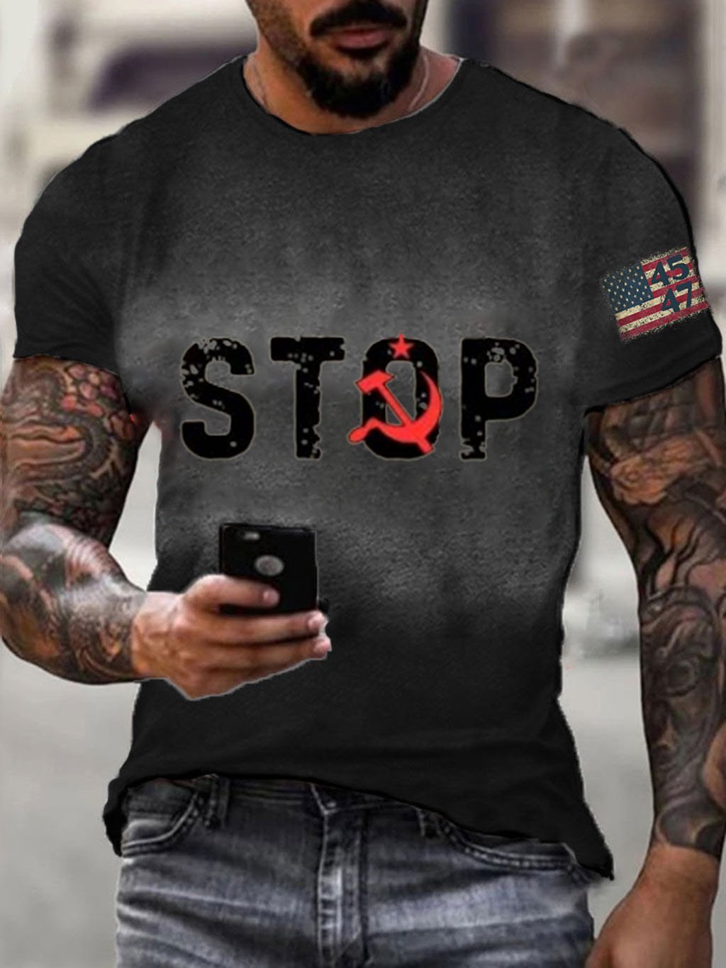 Men's  Stop Communism 45 47 Flag Print Short Sleeve T-shirt