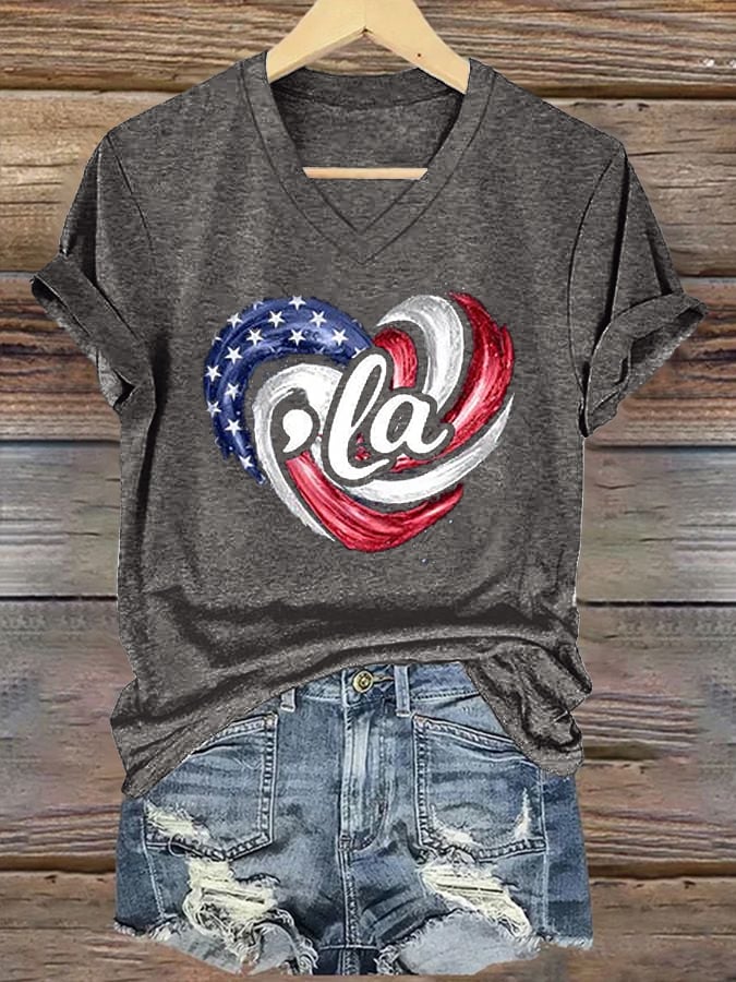 La Flag Printed Casual V Neck T-Shirt