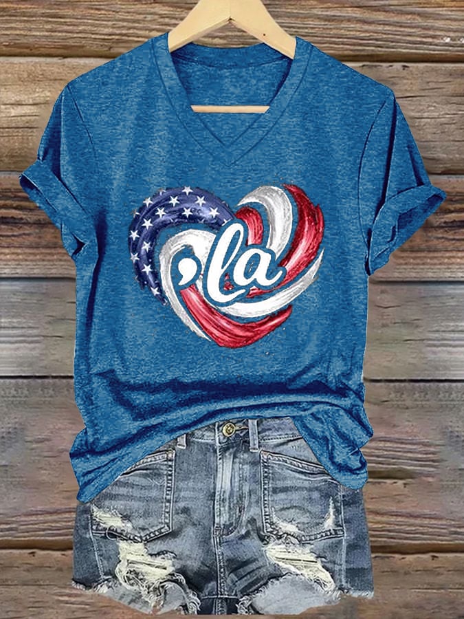 La Flag Printed Casual V Neck T-Shirt