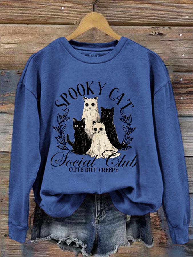Women's Spooky Cat Print Crew Neck Sweatshirt