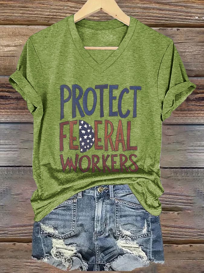 V-neck Retro Protect Federal Workers Print T-Shirt