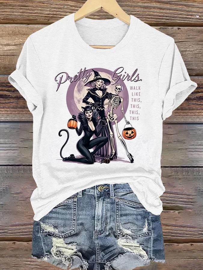 Women's Halloween Witch (Pretty Girls Walk Like This This This) Printed Casual T-Shirt