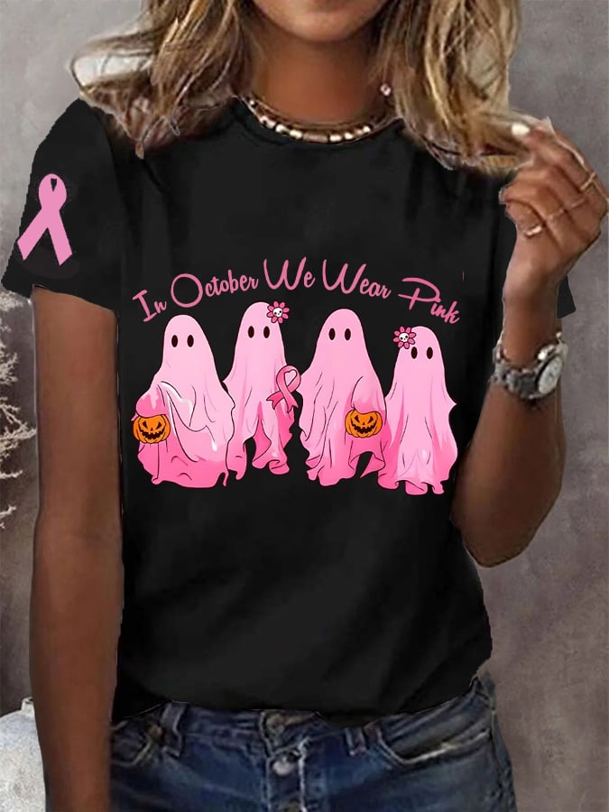 Women's In October We Wear Pink Halloween Ghost Breast Cancer Awareness Warrior Tee