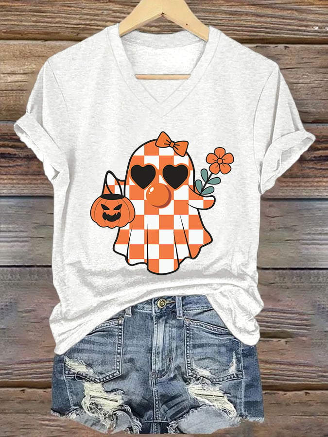 Women's Cute Ghost Printed V Neck T-shirt