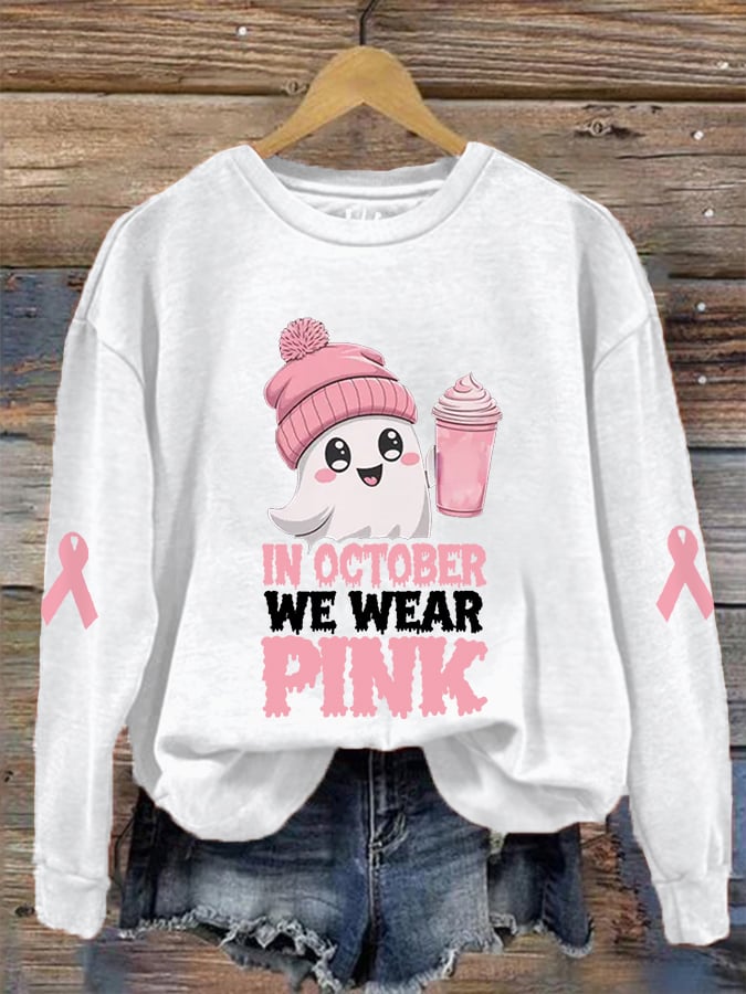 Women's In October We Wear Pink Halloween Ghost Breast Cancer Awareness Warrior Sweatshirt