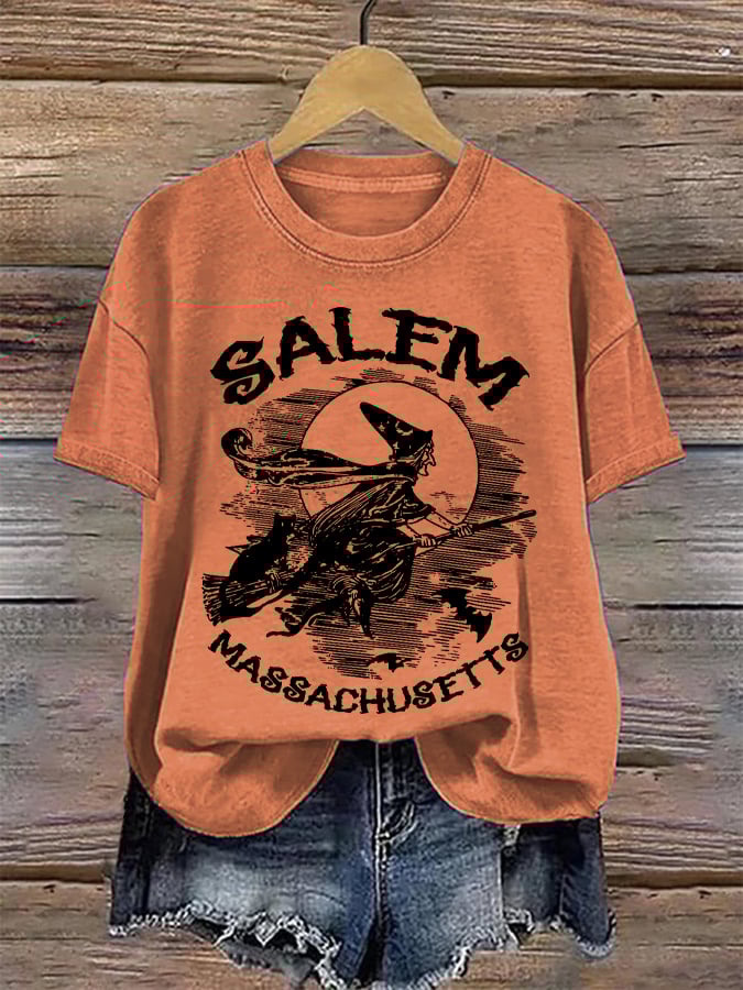 Women's Salem Massachusetts Witch On A Broomstick Print Round Neck T-Shirt