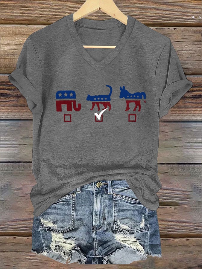 Women's Cat Kamala Print V-Neck T-Shirt