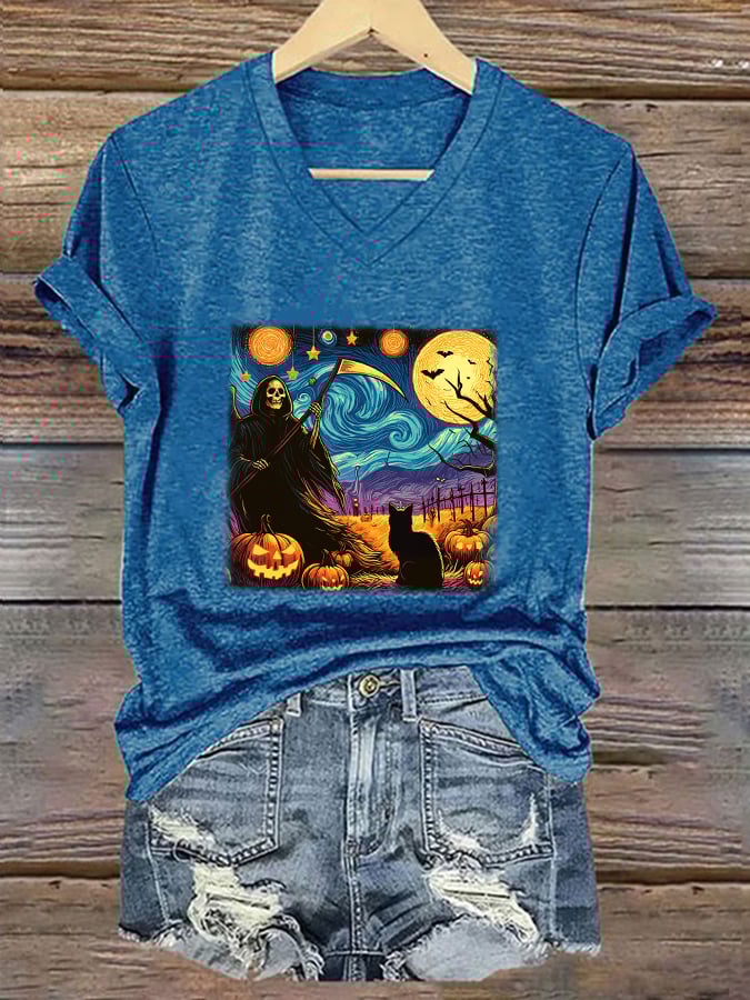 Women's Halloween Oil Painting Cat Print V-Neck T-Shirt