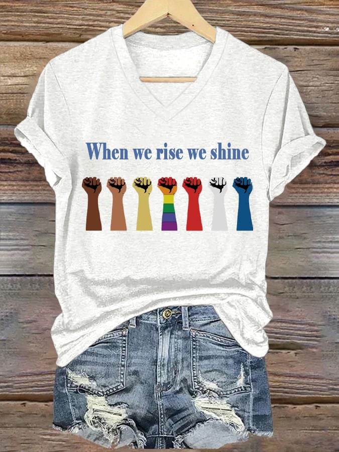 Women's When We Rise We Shine Printed V-Neck Short-Sleeved T-Shirt