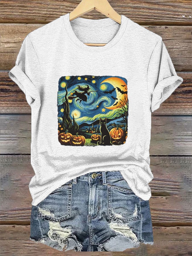 Women's Halloween Oil Painting Cat Print T-shirt