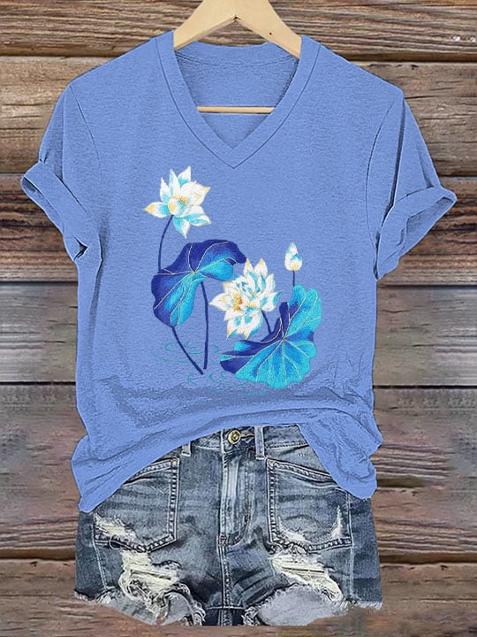 Oversized Striped Shirt with Blue Lotus Print main image 0