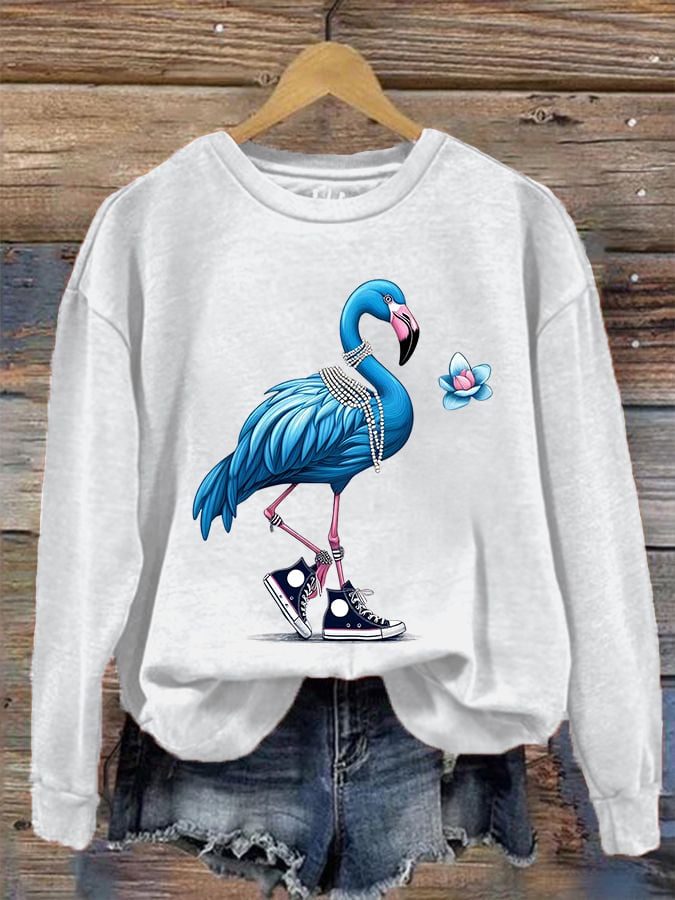 Women's Pearl Necklace Canvas Shoes Flamingo Print Round Neck Sweatshirt