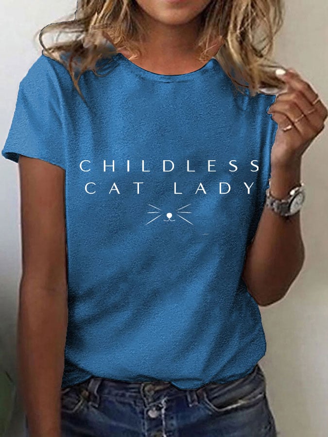 Women's Childless Cat Lady Print O-Neck T-Shirt