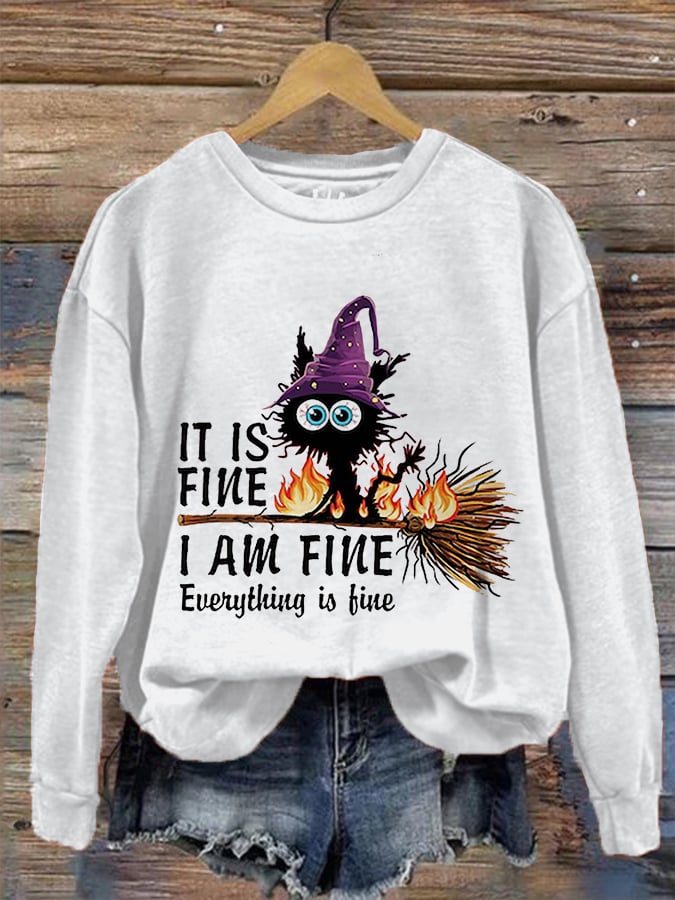 Women's Funny Halloween It's Fine I'm Fine Black Cat Print Crew Neck Sweatshirt