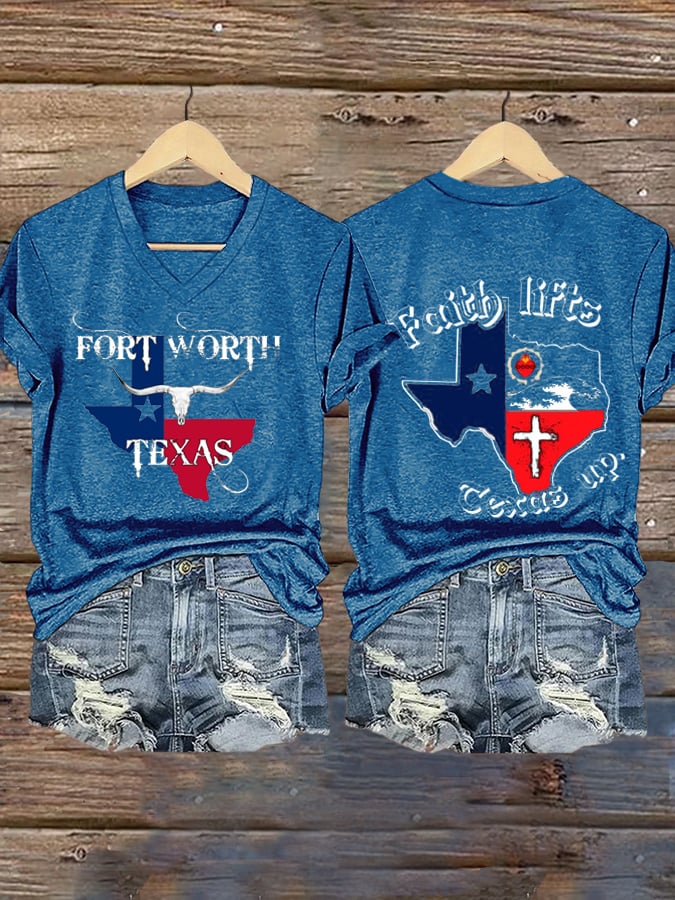 Women's Texas Flood Faith lifts  Texas up Print V-Neck T-Shirt