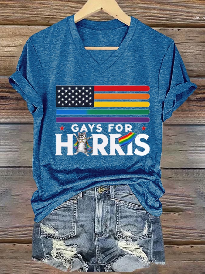 Women's Cat Colorful American Flag Print Casual T-Shirt