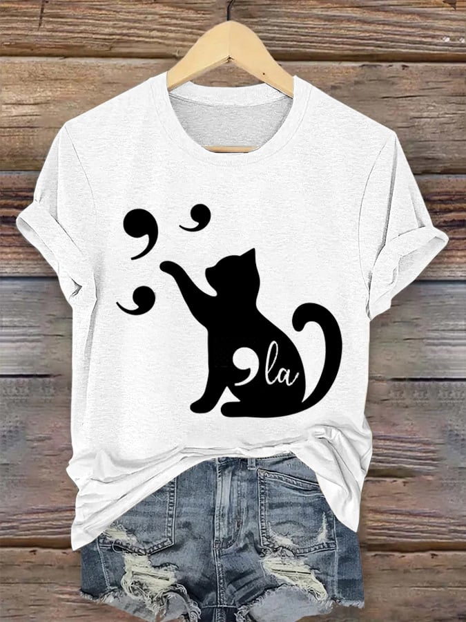 Women's Cat Comma La Print Crew Neck T-Shirt