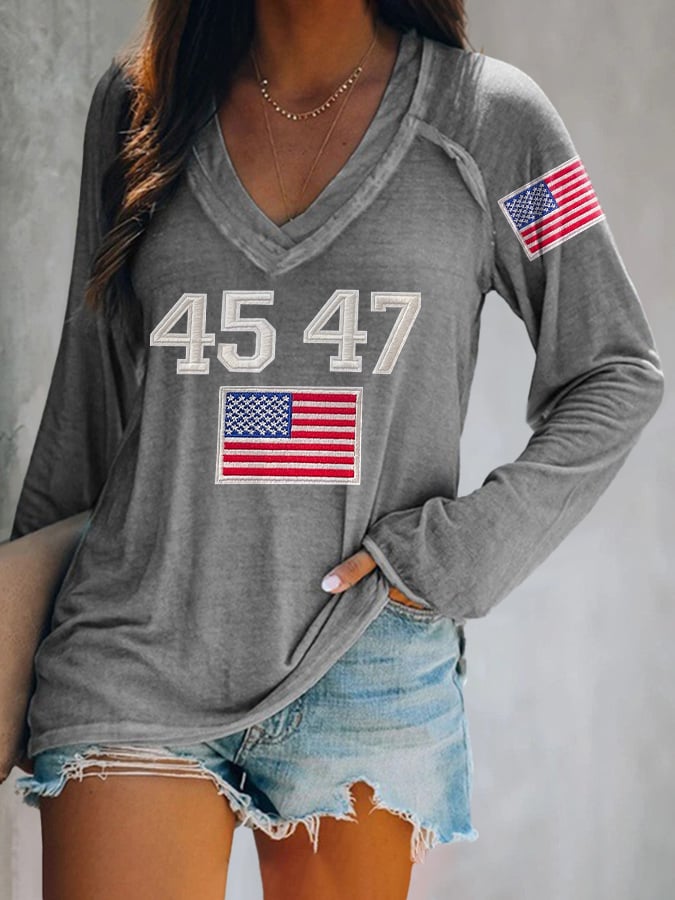 V-neck Retro 45 47 Print T-Shirt