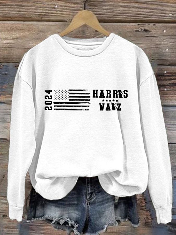 Women's Retro Flag Print Crewneck Sweatshirt