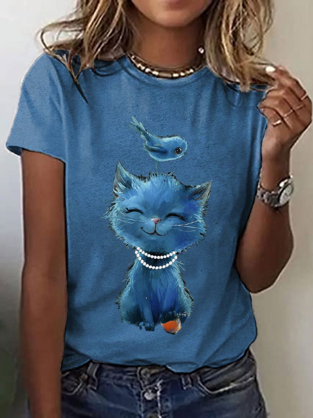Women's Pearls Blue Cat Bird&Orange Print T-Shirt