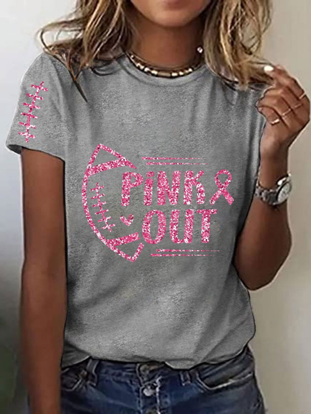 Women's Pink Out Football Breast Cancer Print T-Shirt