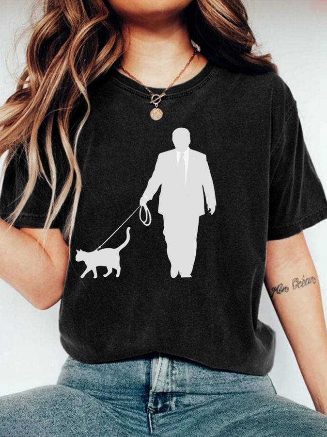 Women's Walking The Cat Print Crew Neck T-Shirt