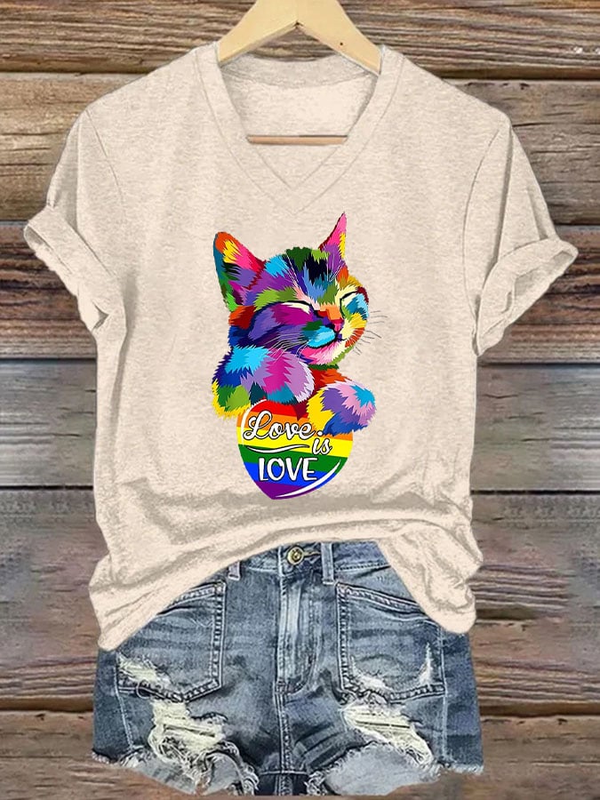 Women's La  Cat Love Is Love Printed Short-Sleeved T-Shirt