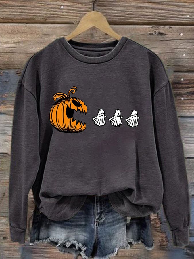 Women's Pumpkin Chasing Ghosts Print Round Neck Sweatshirt