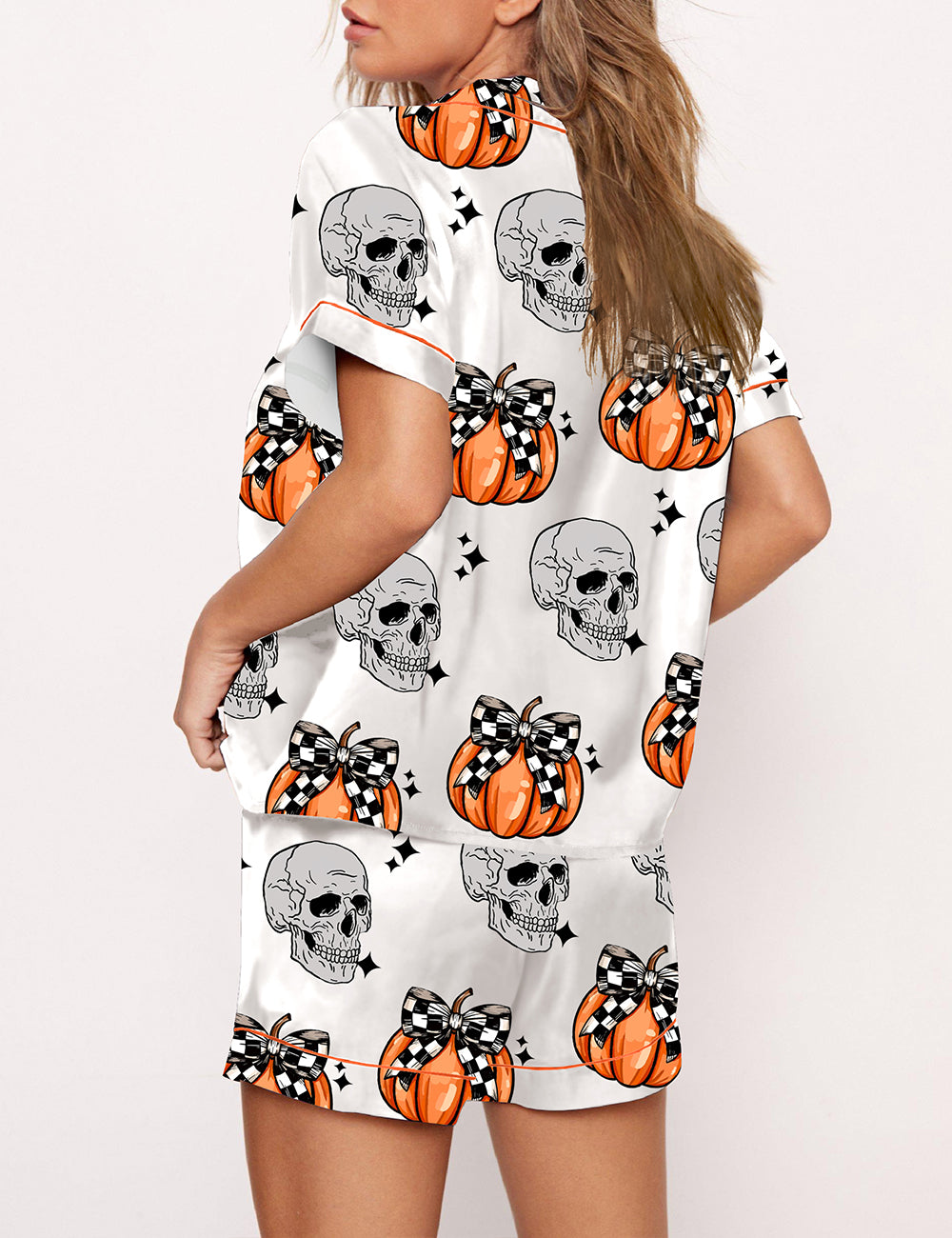 Women's Checkered Bow Pumpkin And Skelly Pajama Set