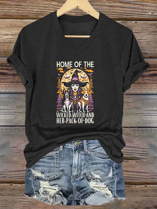 Home Of The Wicked Witch And Her Pack Of Dogs Print V Neck T-Shirt